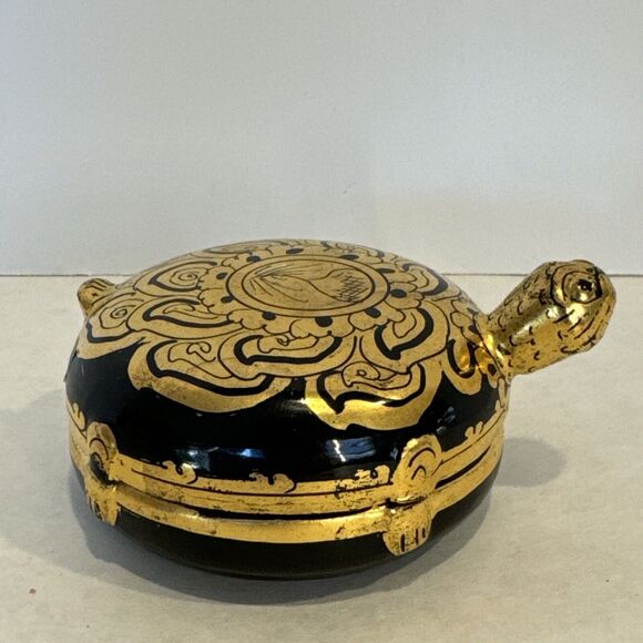 Burmese Shwe Zawa 2 Turtle Lacquerware Trinket Box Container Black Gold Wood - Picture 3 of 16